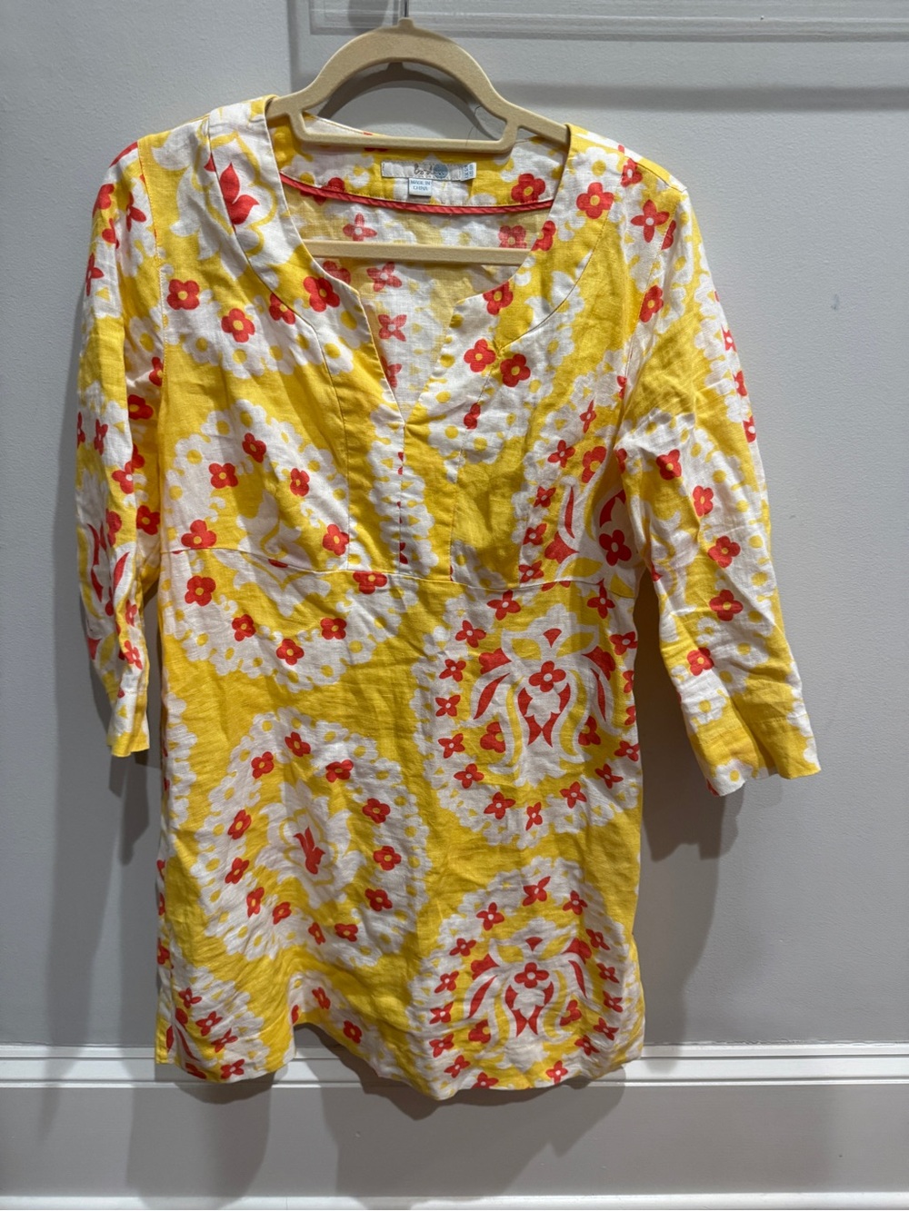Boden Yellow Floral Tunic Top with Red Accents